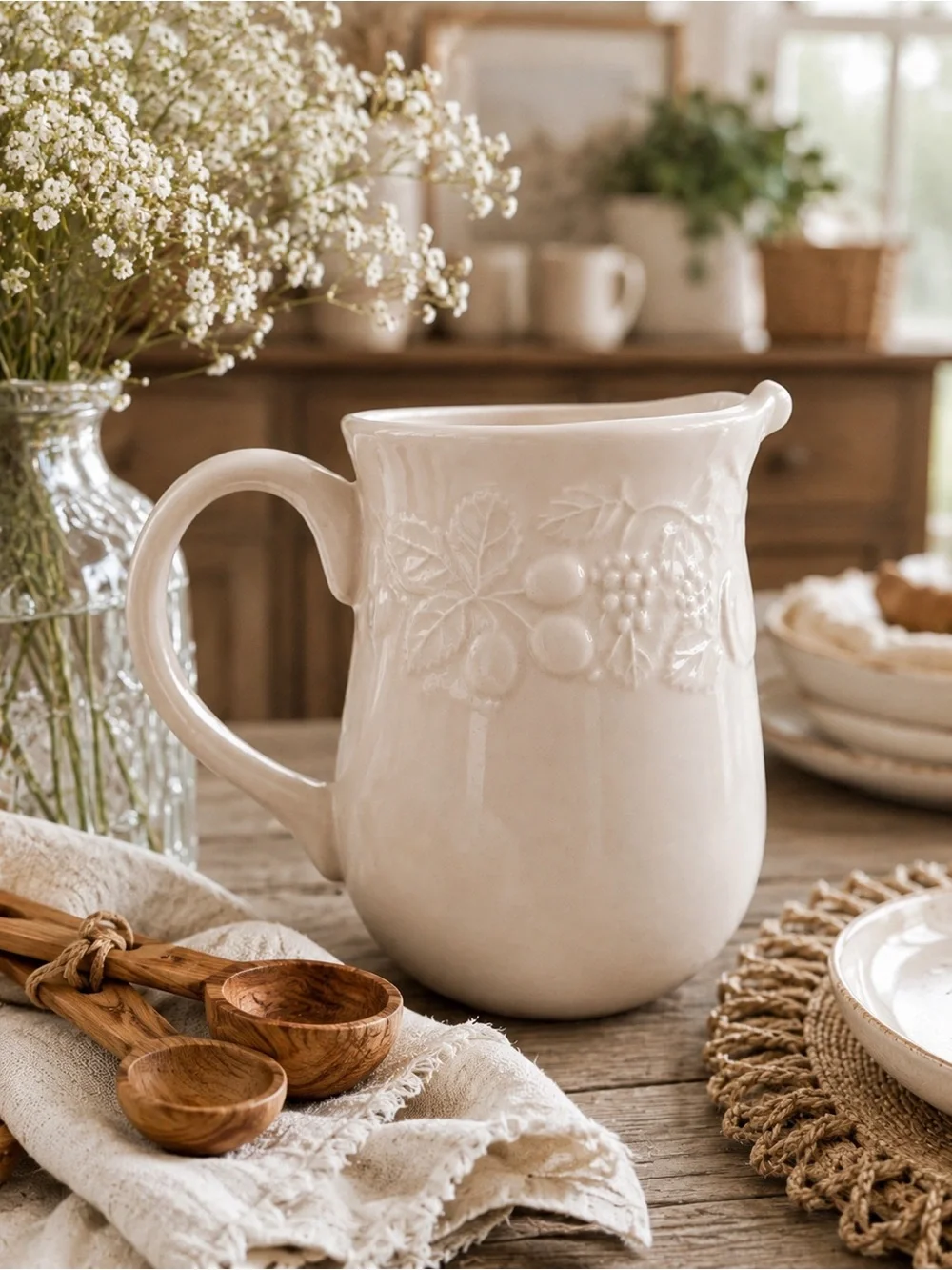 Gibson China Houseware Pitcher White Ceramic Embossed Fruit Pattern Farmhouse